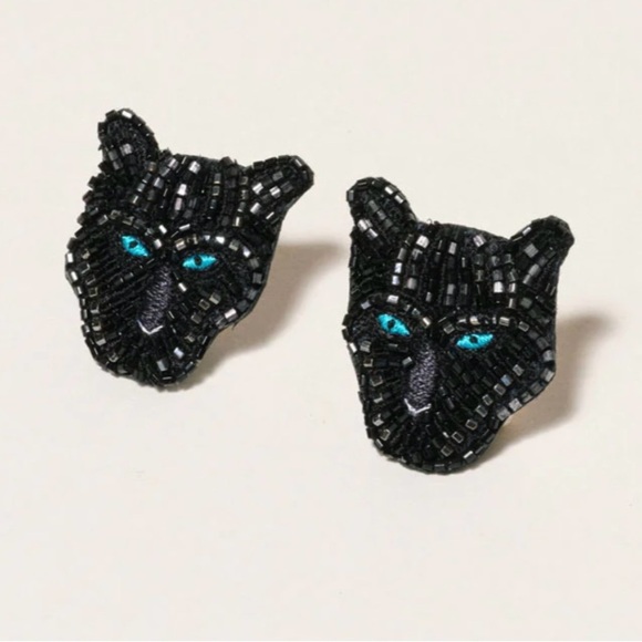 NEW MIGNONNE GAVIGAN Black Beaded Embroidered Stud Panther Earrings - Picture 1 of 2